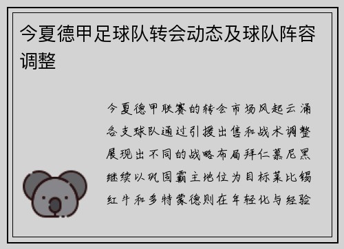 今夏德甲足球队转会动态及球队阵容调整